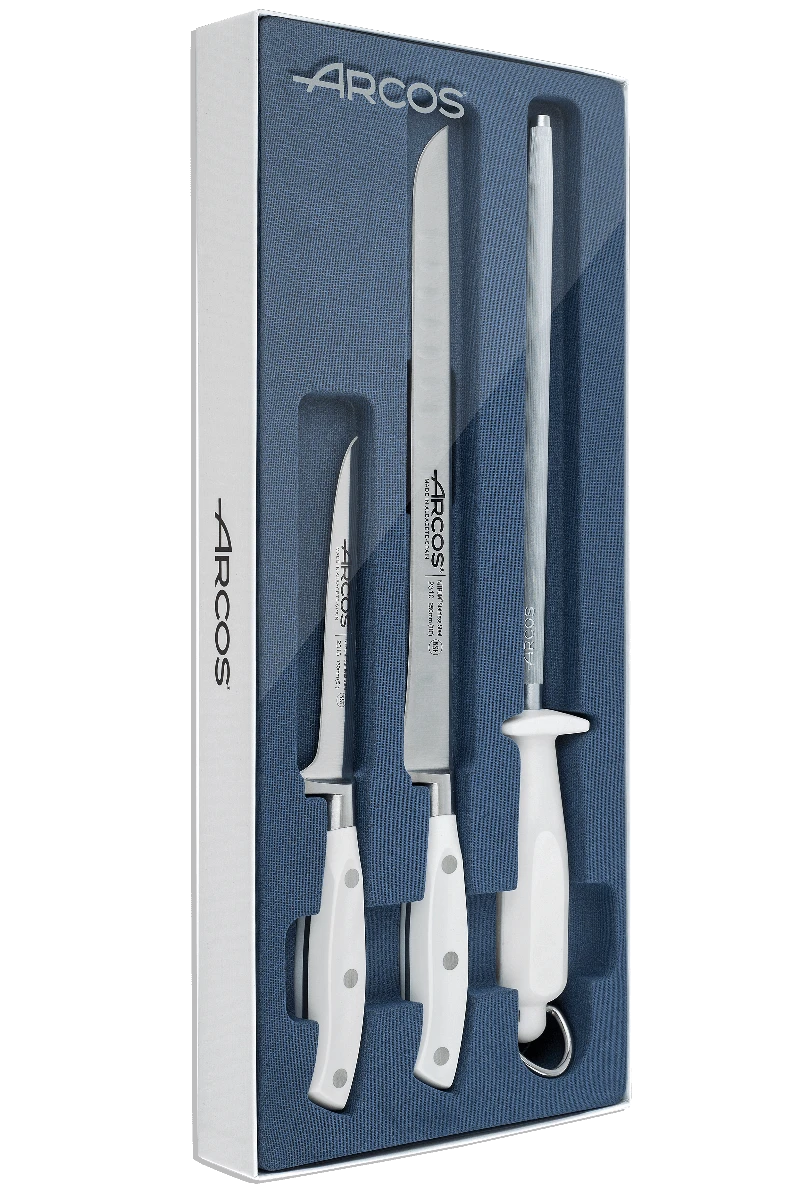 Arcos Riviera 2-piece Ham Carving Knife Set + 1 Sharpening Rod - White Handles 1 Arcos Riviera 2-piece Ham Carving Knife Set + 1 Sharpening Rod - White Handles