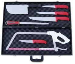 Fischer Knife Case With 7 Red Handle Butcher Knives And Accessories