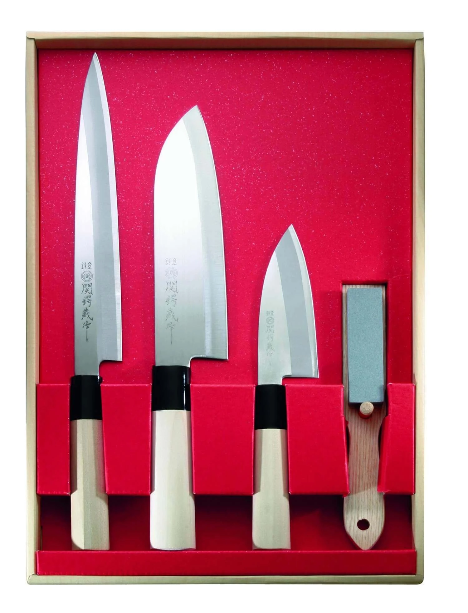 Jaku 3-piece Japanese Knife Set + 1 Sharpening Stone 1 Jaku 3-piece Japanese Knife Set + 1 Sharpening Stone