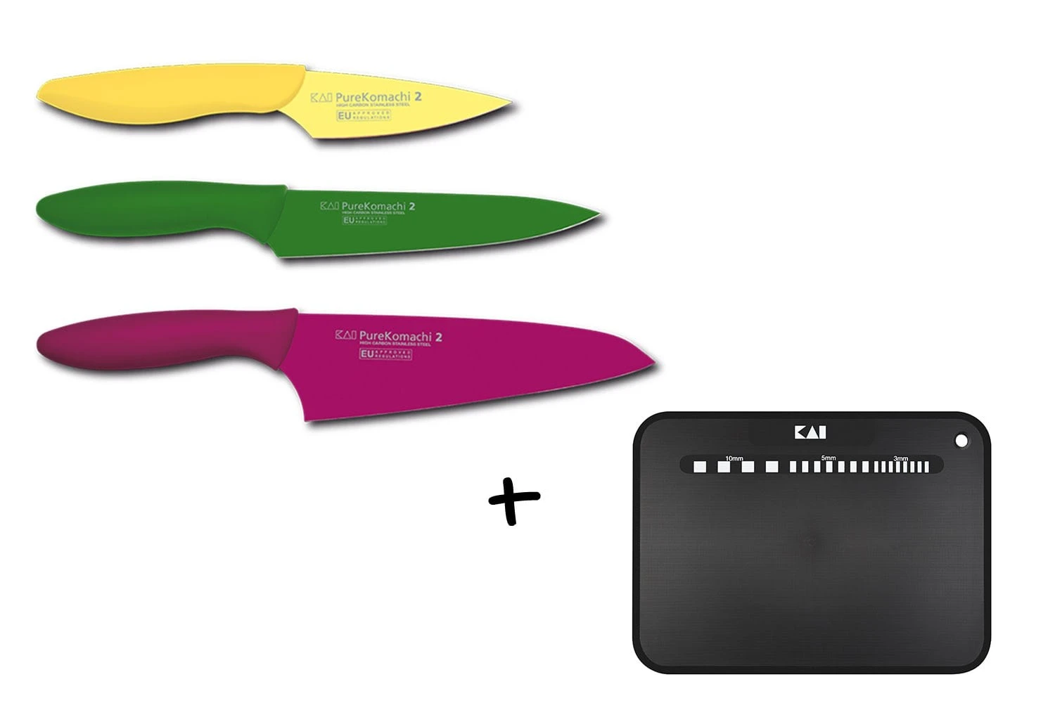 KAI Pure Komachi 3-piece Knife Set + 1 Black Cutting Board 1 KAI Pure Komachi 3-piece Knife Set + 1 Black Cutting Board